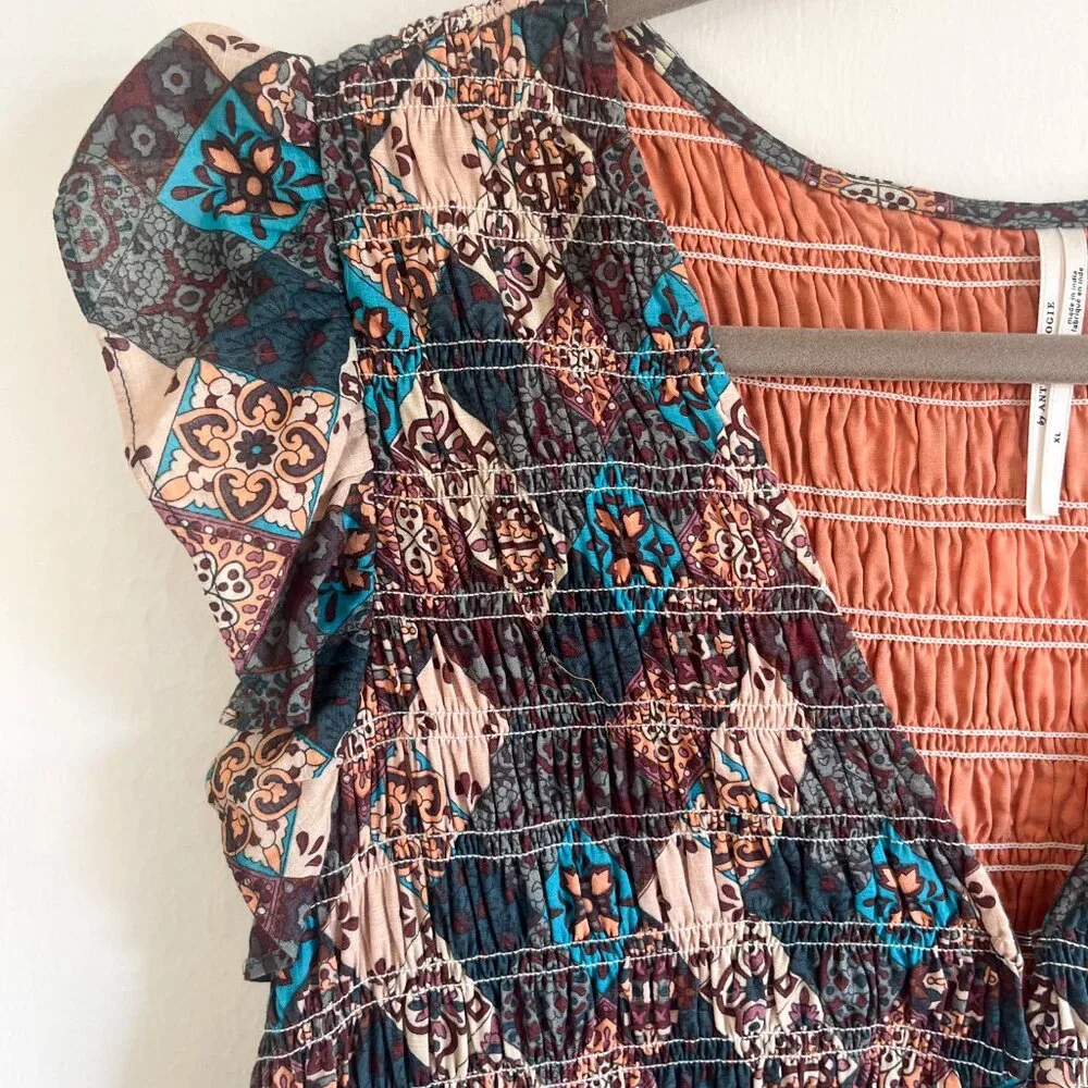 Anthropologie Smocked Ruffle Peregrine Midi Dress Turquoise Patch XL - Picture 9 of 14